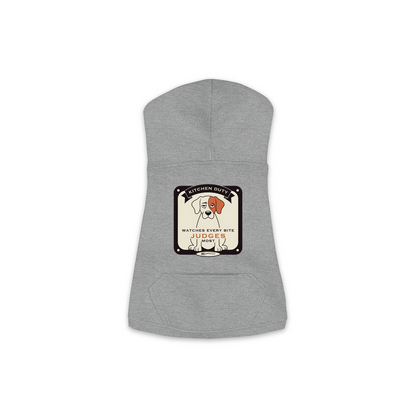 Watches Every Bite dog hoodie in granite heather grey, sizes XS to M