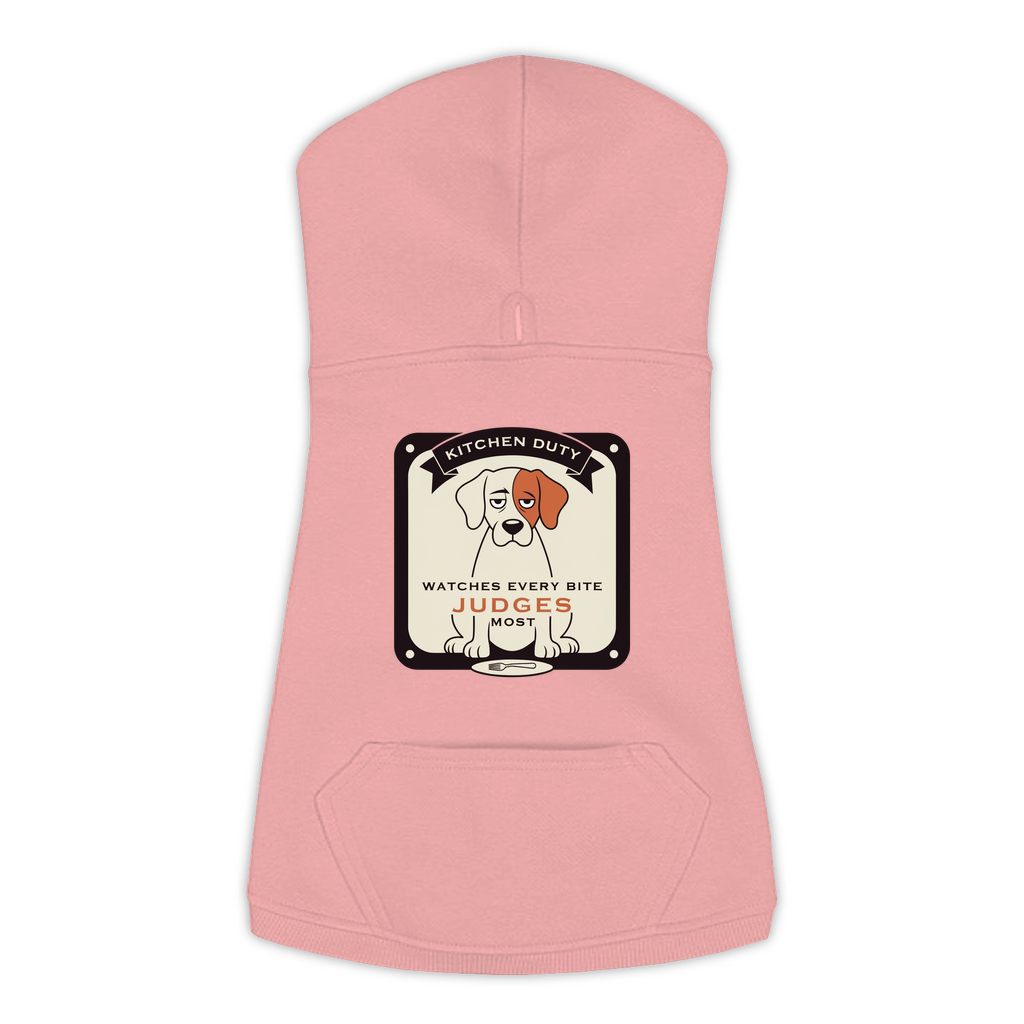 Watches Every Bite dog hoodie in mauvelous pink, sizes L to 3XL