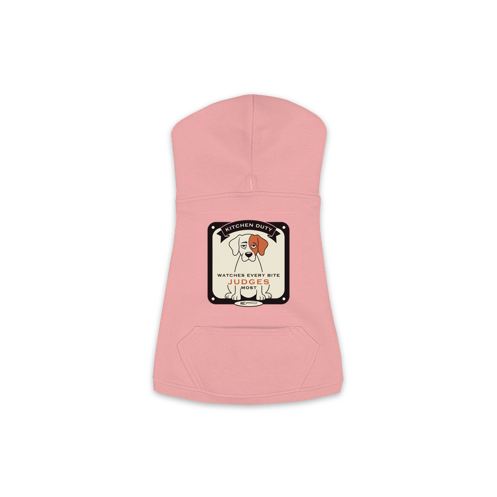 Watches Every Bite dog hoodie in mauvelous pink, sizes XS to M