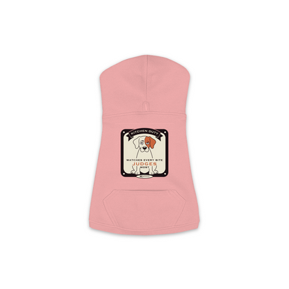 Watches Every Bite dog hoodie in mauvelous pink, sizes XS to M