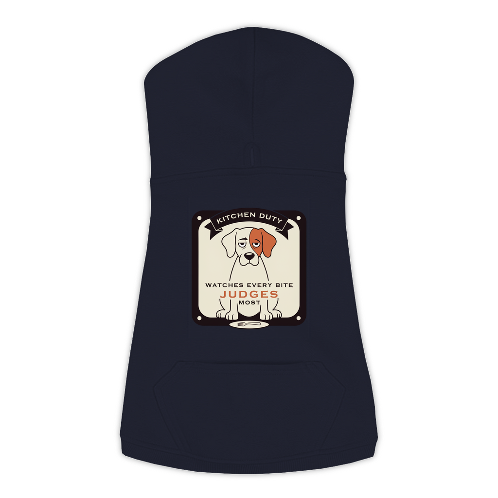 Watches Every Bite dog hoodie in navy, sizes L to 3XL