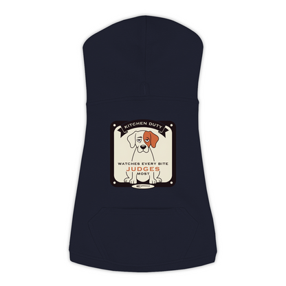 Watches Every Bite dog hoodie in navy, sizes L to 3XL