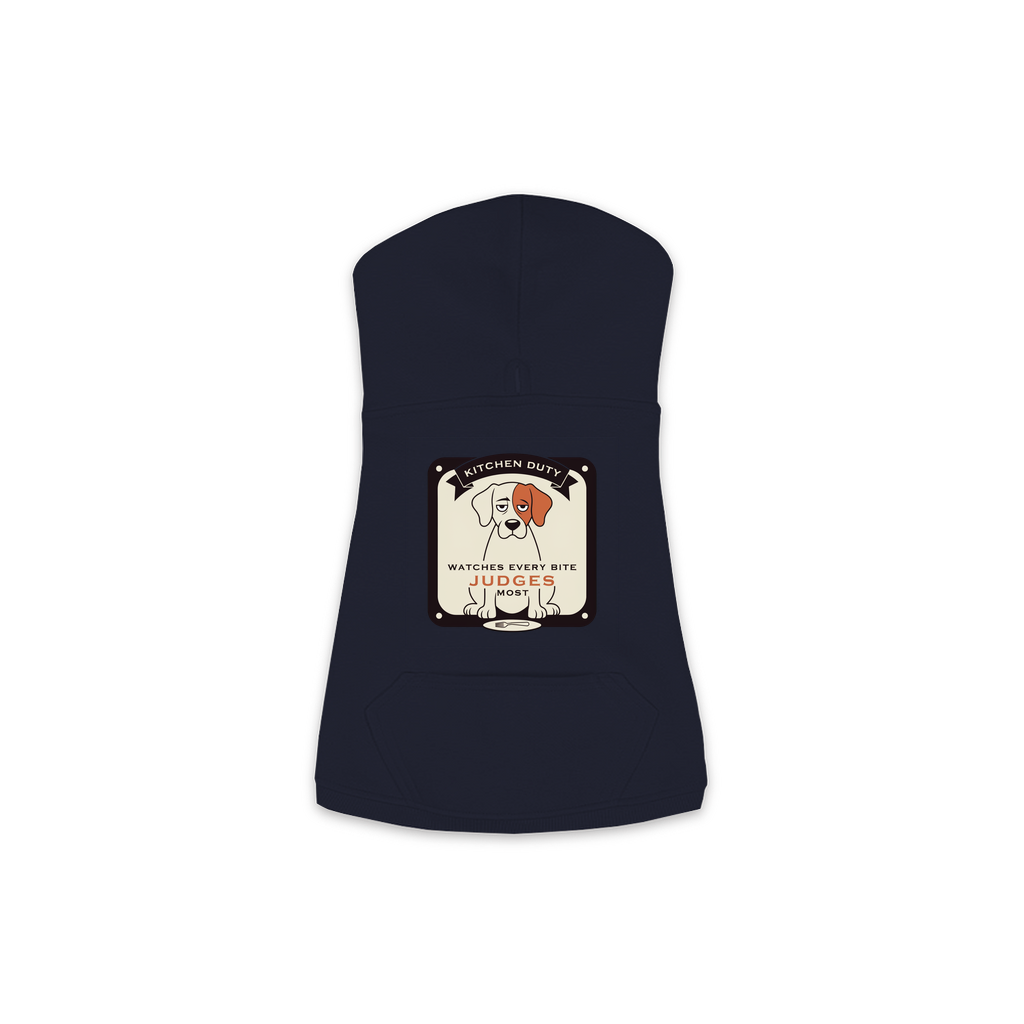 Watches Every Bite dog hoodie in navy, sizes XS to M