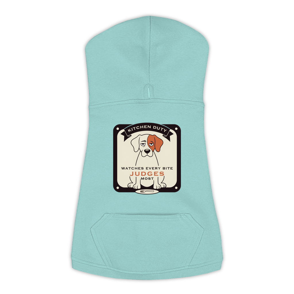 Watches Every Bite dog hoodie in saltwater blue, sizes L to 3XL