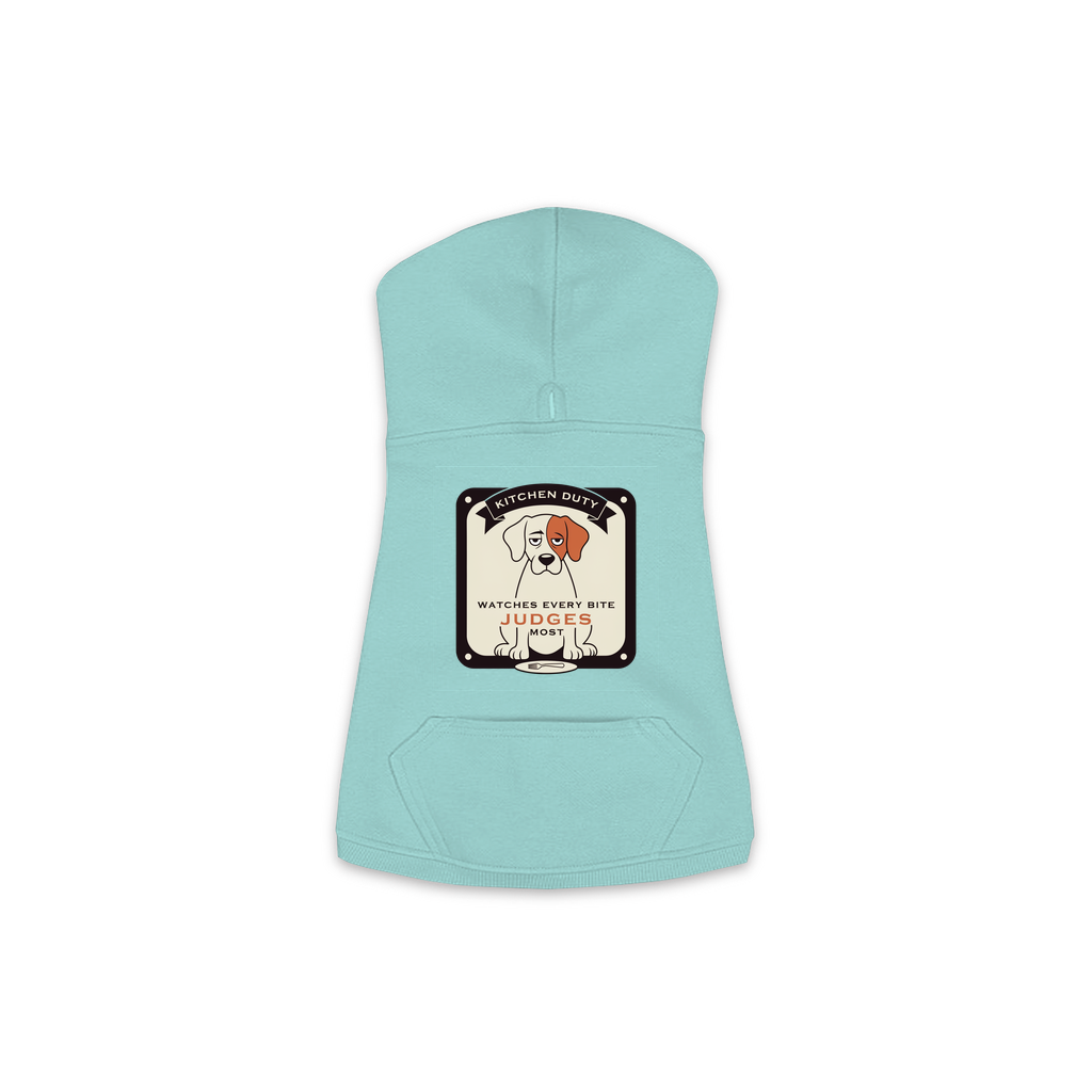 Watches Every Bite dog hoodie in saltwater blue, sizes XS to M