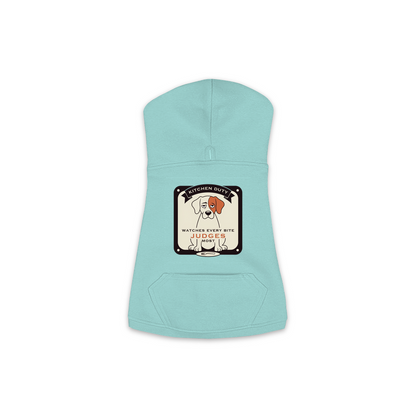 Watches Every Bite dog hoodie in saltwater blue, sizes XS to M