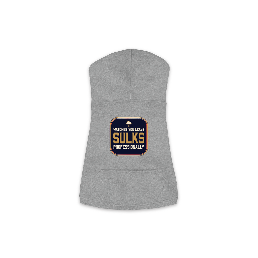 Watches You Leave dog hoodie in granite heather grey, sizes XS to M