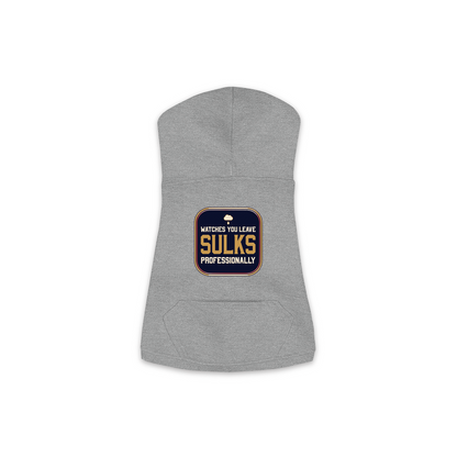 Watches You Leave dog hoodie in granite heather grey, sizes XS to M