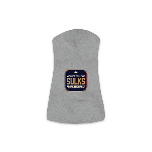 Watches You Leave dog hoodie in granite heather grey, sizes XS to M
