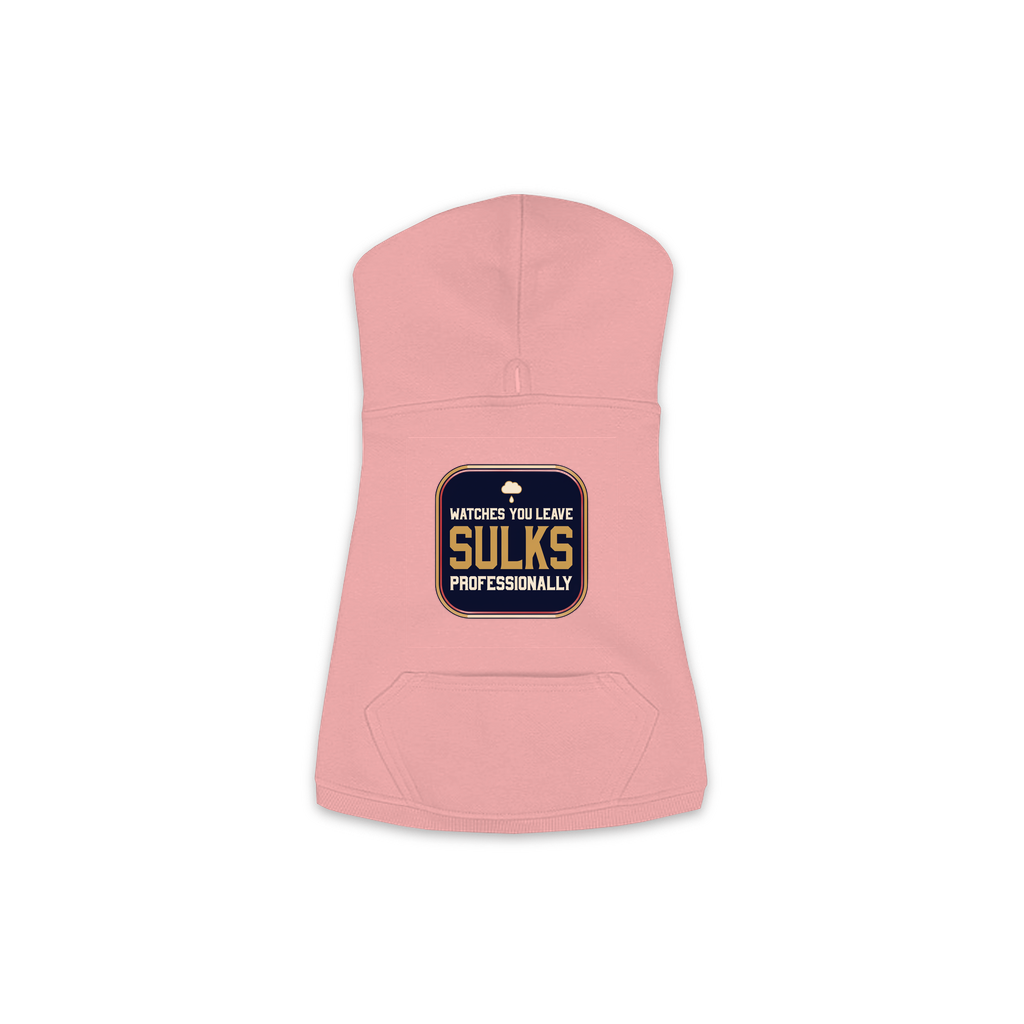 Watches You Leave dog hoodie in mauvelous pink, sizes XS to M