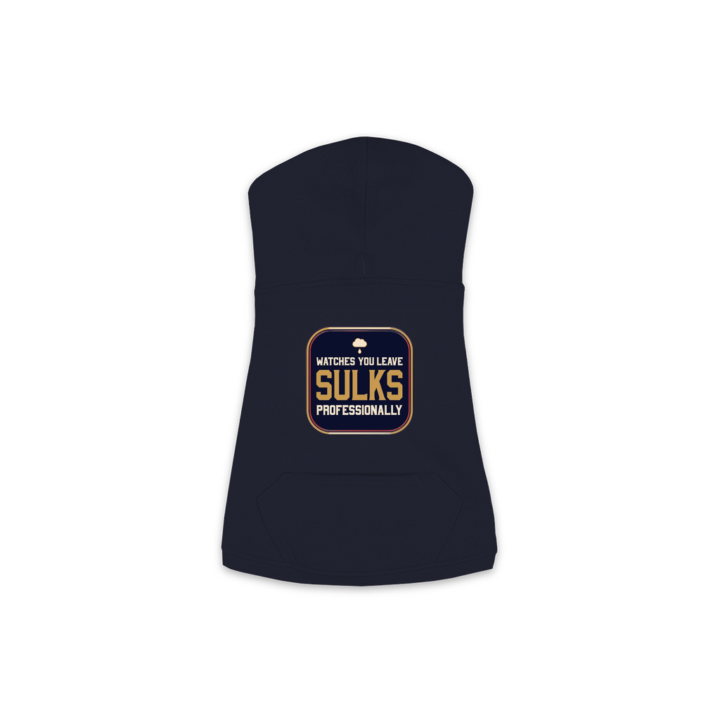 Watches You Leave dog hoodie in navy, sizes XS to M