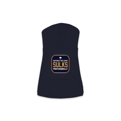 Watches You Leave dog hoodie in navy, sizes XS to M
