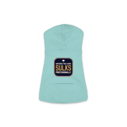 Watches You Leave dog hoodie in saltwater blue, sizes XS to M