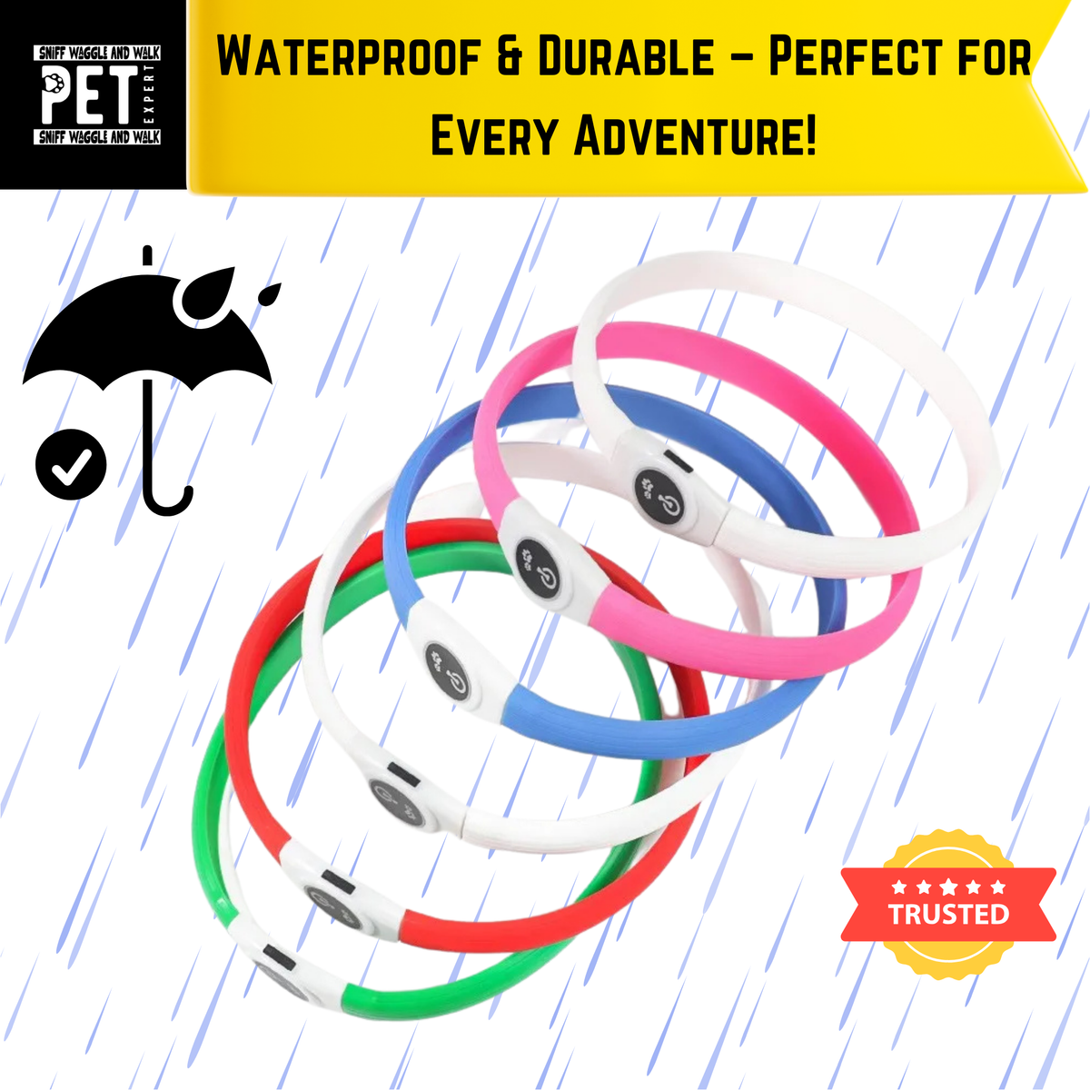 GlowLoop™ waterproof LED dog collars stacked in blue, pink, red, green and white — waterproof and durable