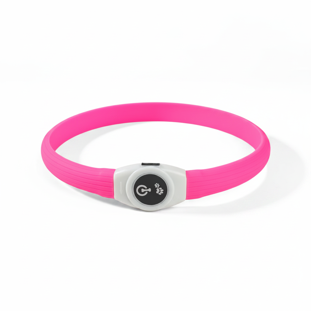 SniffWaggleNWalk GlowLoop™ silicone LED dog collar in pink — product flat lay on white background
