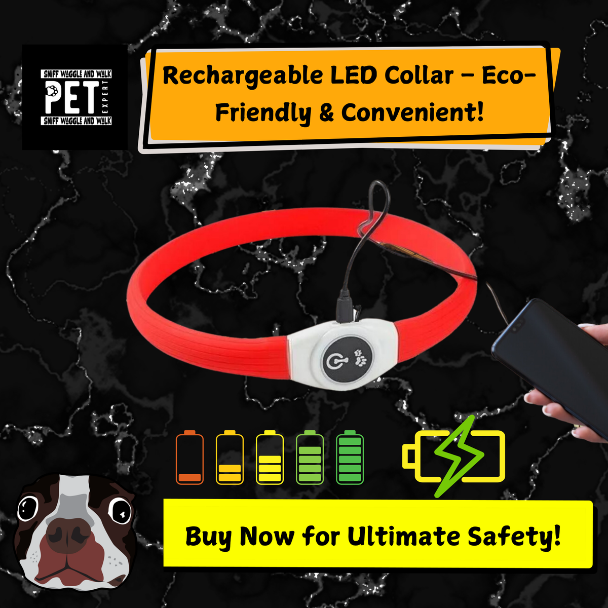 GlowLoop™ silicone LED collar in red being charged via USB cable plugged into phone charger