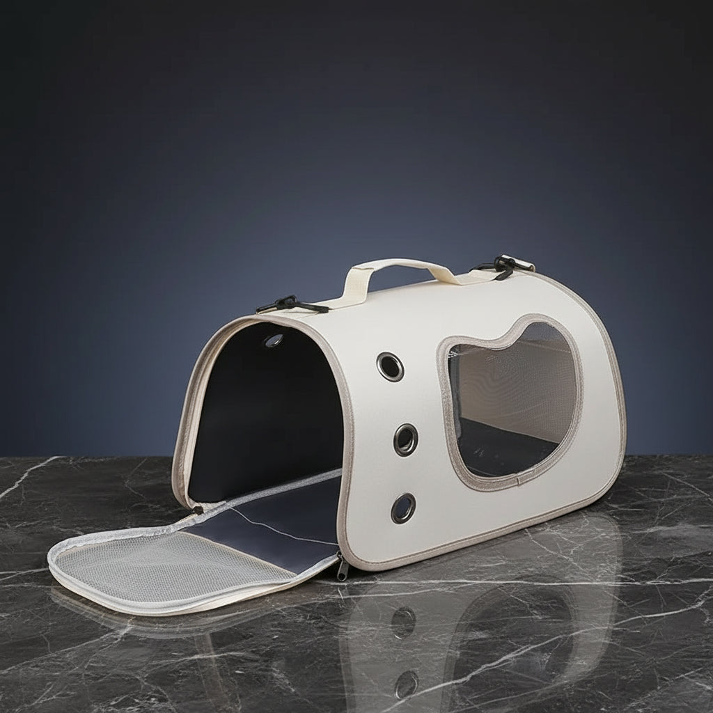 Pet carrier with transparent door on a carpeted floor