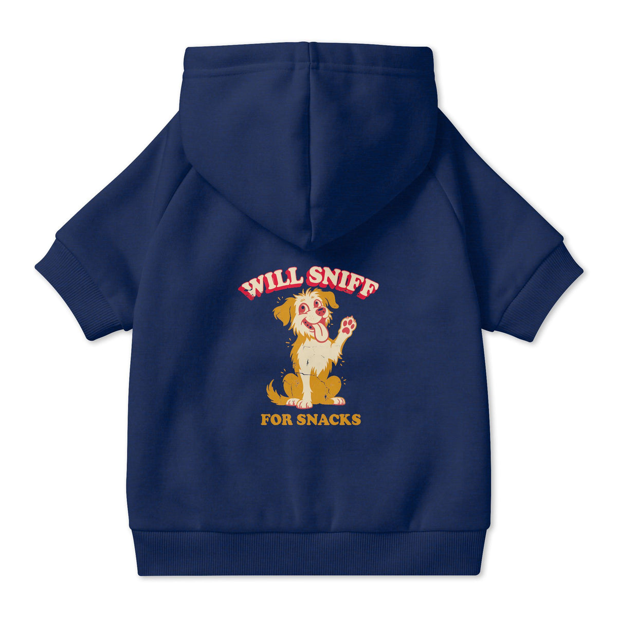 Will Sniff for Snacks Dog Hoodie in Navy, back view — SniffWaggleNWalk™