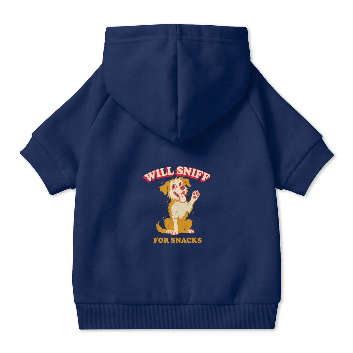 Will Sniff for Snacks Dog Hoodie in Navy, back view — SniffWaggleNWalk™