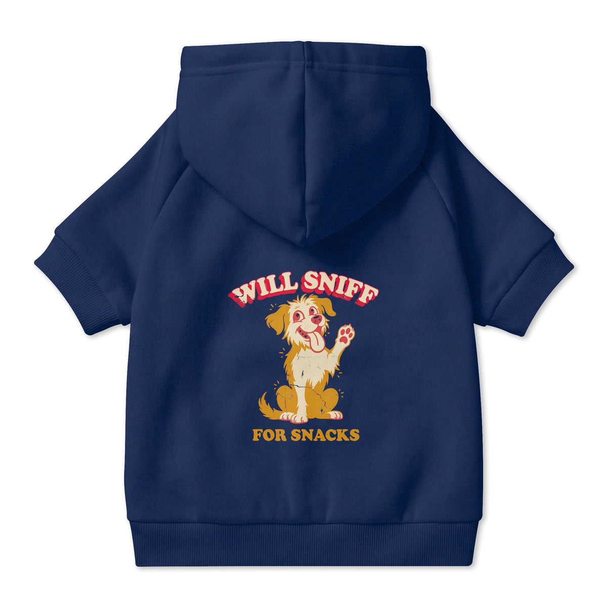 Will Sniff for Snacks Dog Hoodie in Navy, back view — SniffWaggleNWalk™