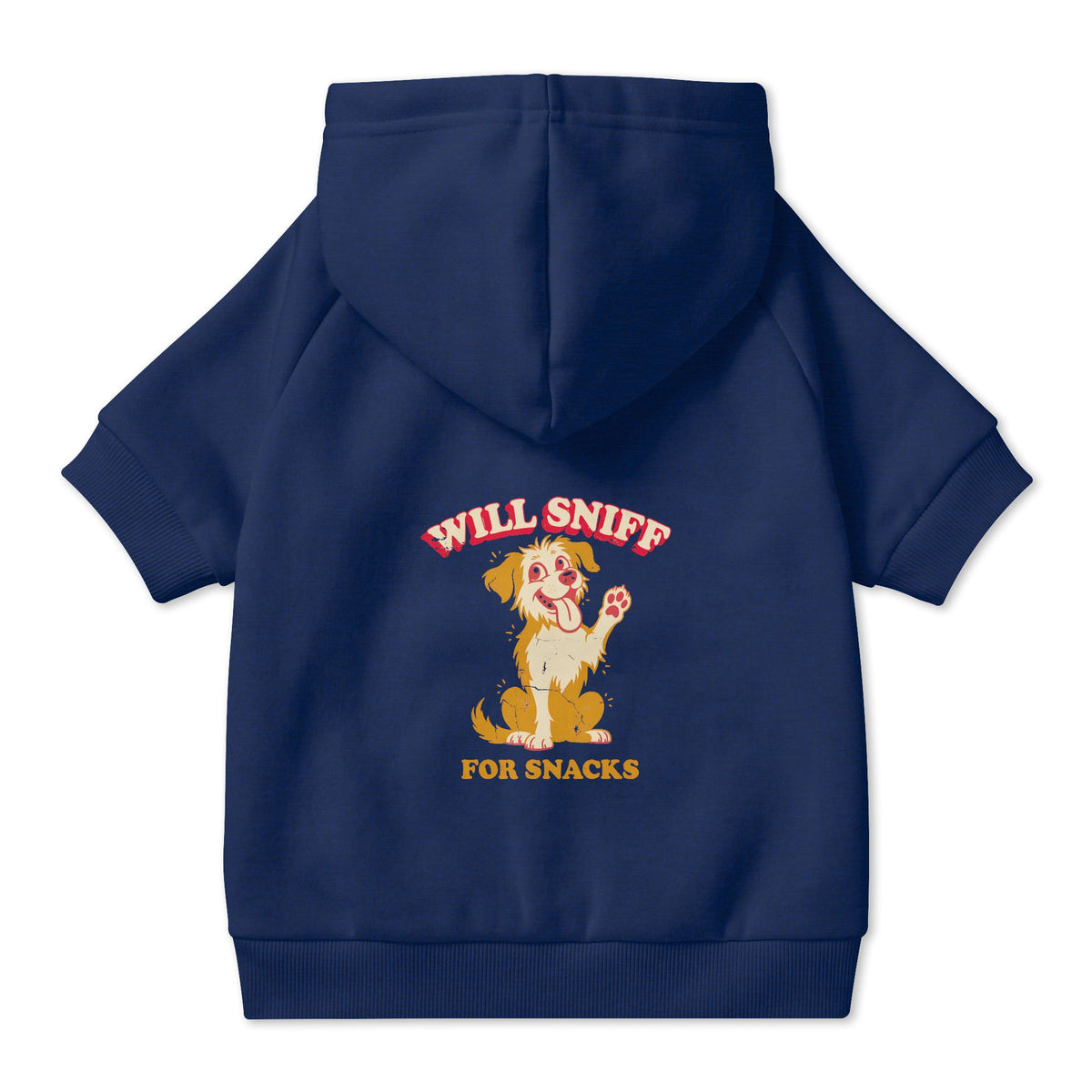Will Sniff for Snacks Dog Hoodie in Navy, back view — SniffWaggleNWalk™