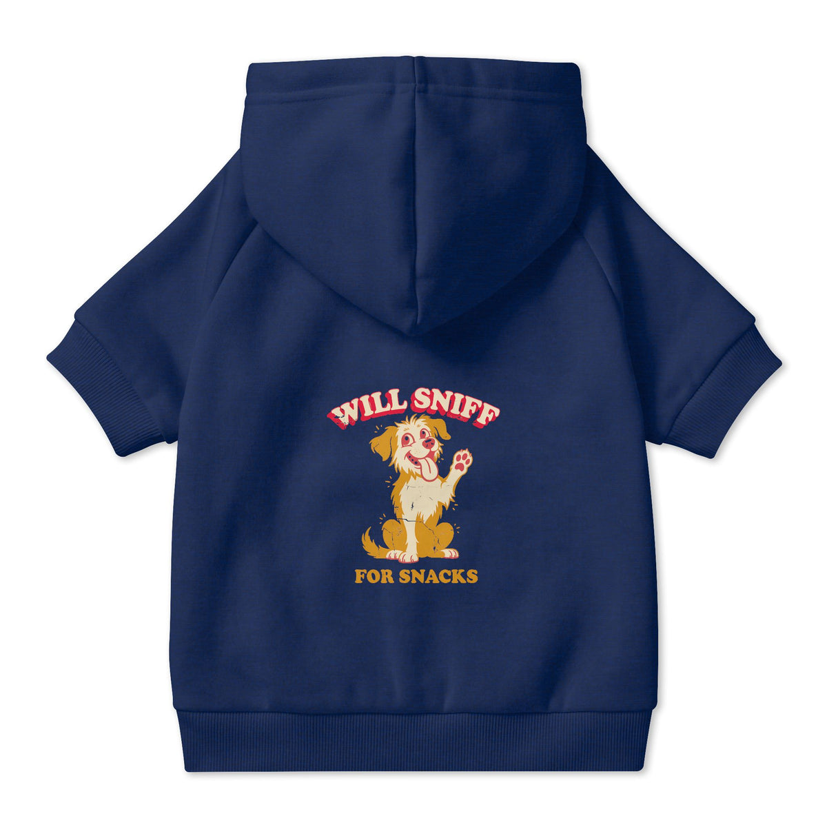 Will Sniff for Snacks Dog Hoodie in Navy, back view — SniffWaggleNWalk™