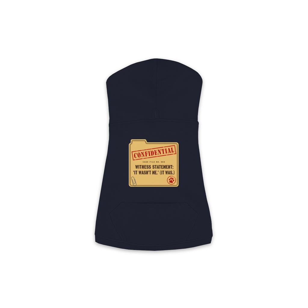 Witness Statement dog hoodie in navy, sizes XS to M