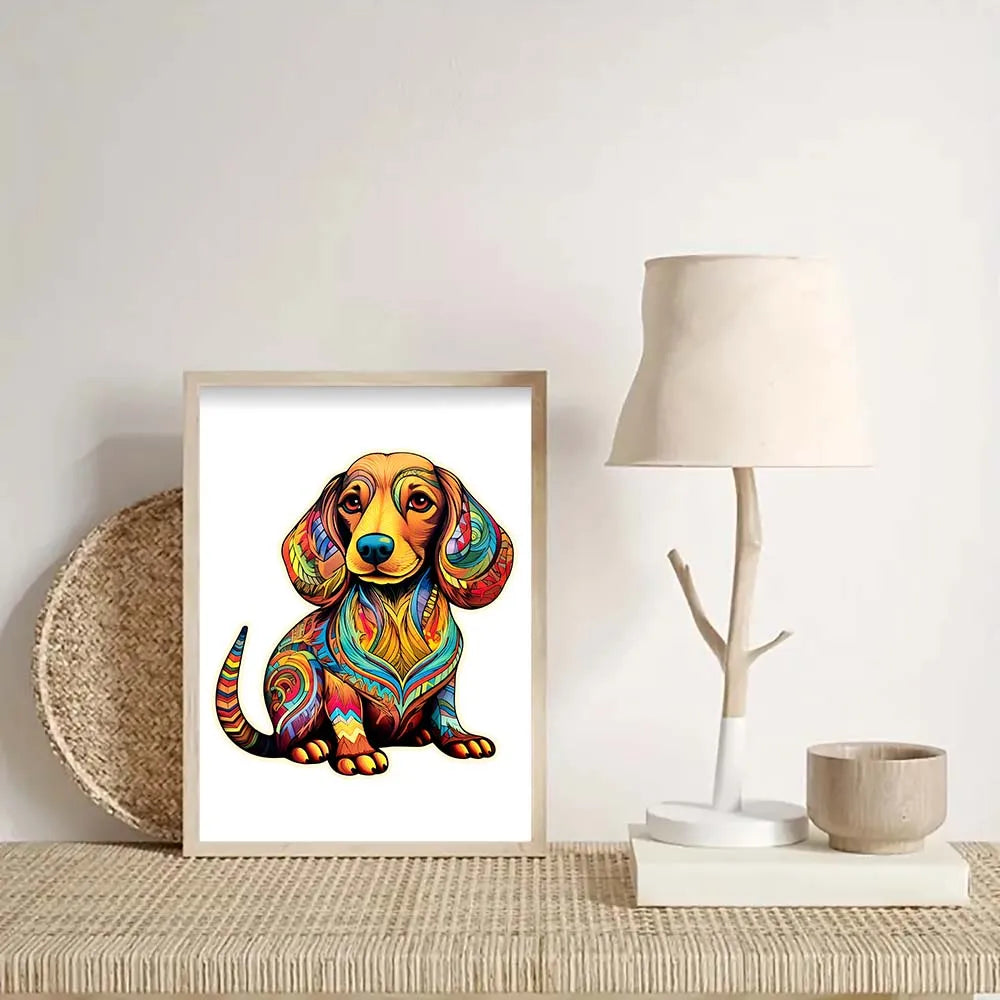 Wooden dog Christmas jigsaw puzzle, partially assembled view — SniffWaggleNWalk