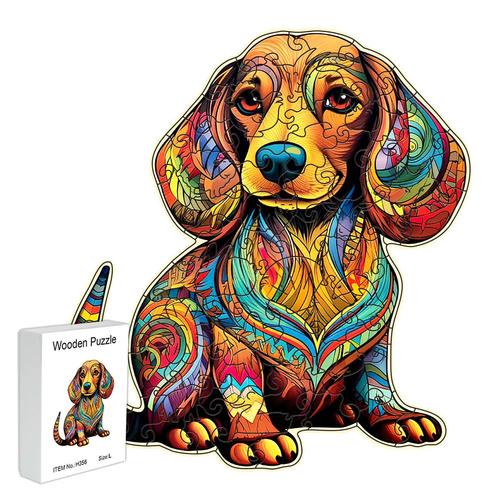 Wooden dog Christmas jigsaw puzzle, main product photo with gift box — SniffWaggleNWalk