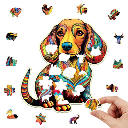 Wooden dog Christmas jigsaw puzzle, irregular-cut pieces close-up — SniffWaggleNWalk