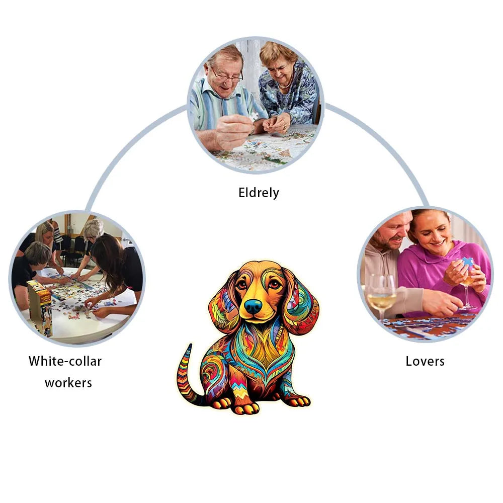 Wooden dog Christmas jigsaw puzzle, size comparison A5 A4 A3 — SniffWaggleNWalk