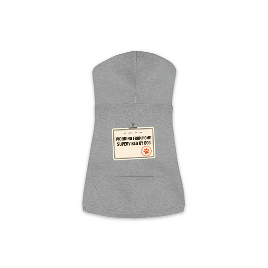 Working From Home Supervised By Dog hoodie in granite heather grey, sizes XS to M