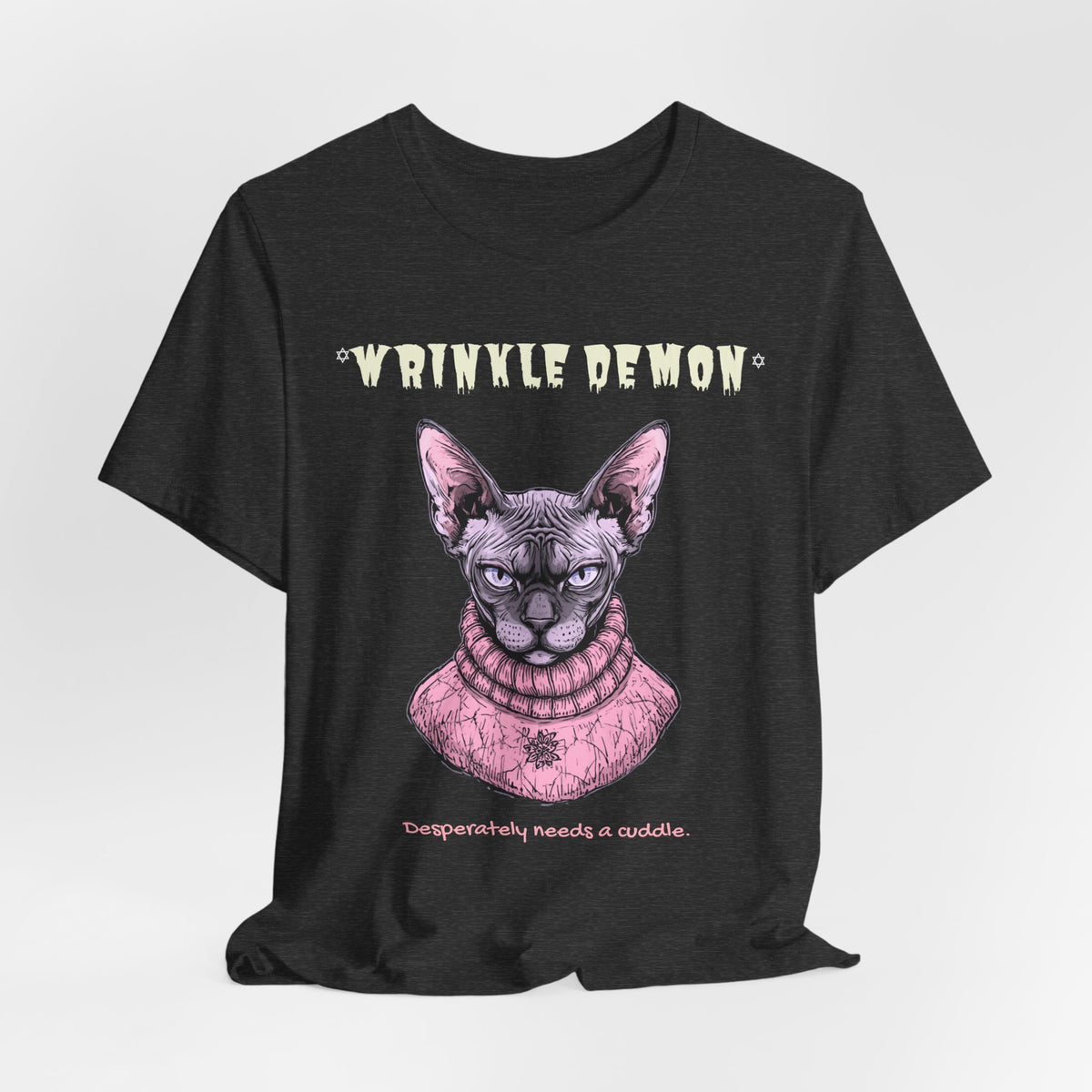 Wrinkle Demon Sphynx Cat T-Shirt flat lay