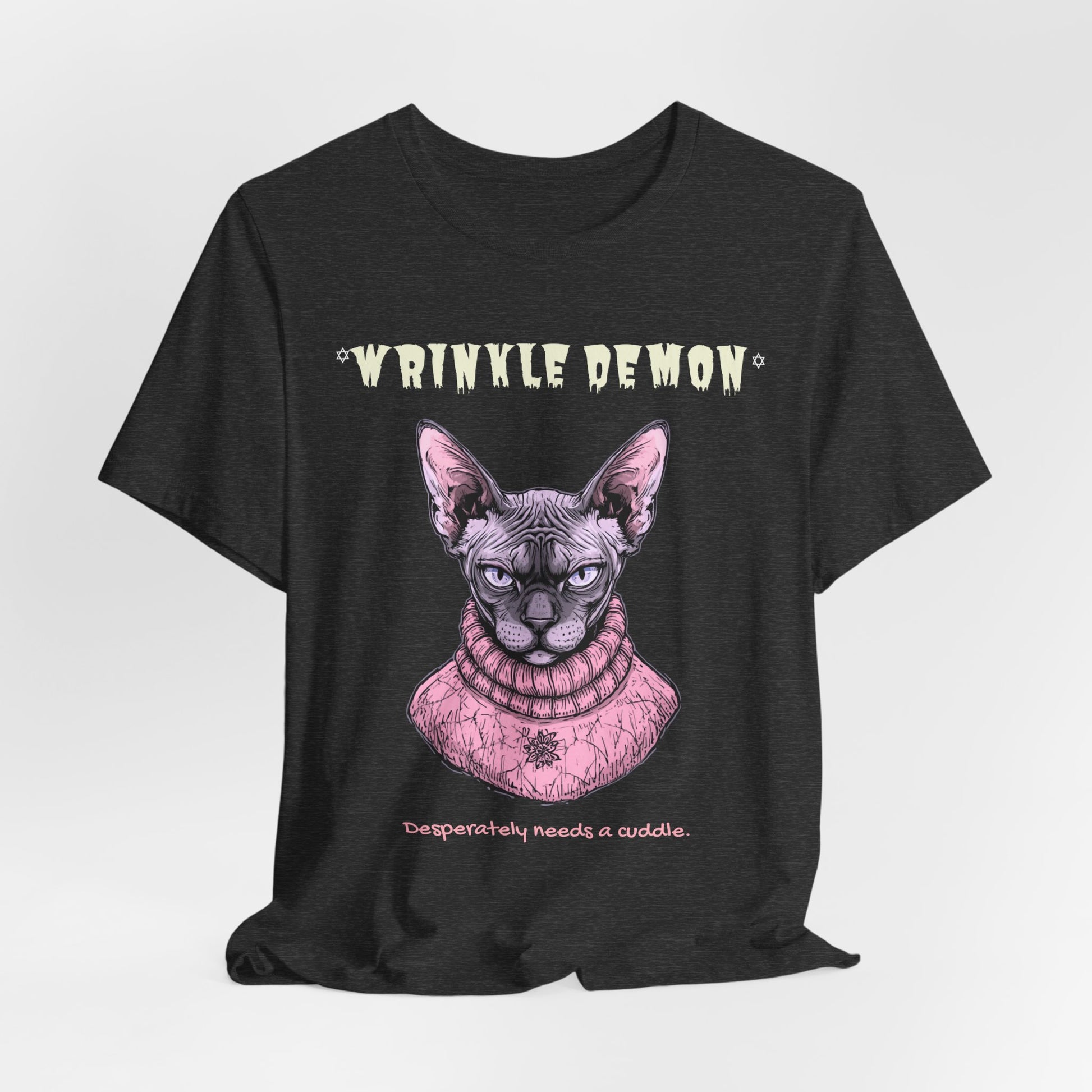 Wrinkle Demon Sphynx Cat T-Shirt flat lay