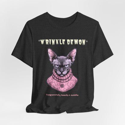 Wrinkle Demon Sphynx Cat T-Shirt flat lay