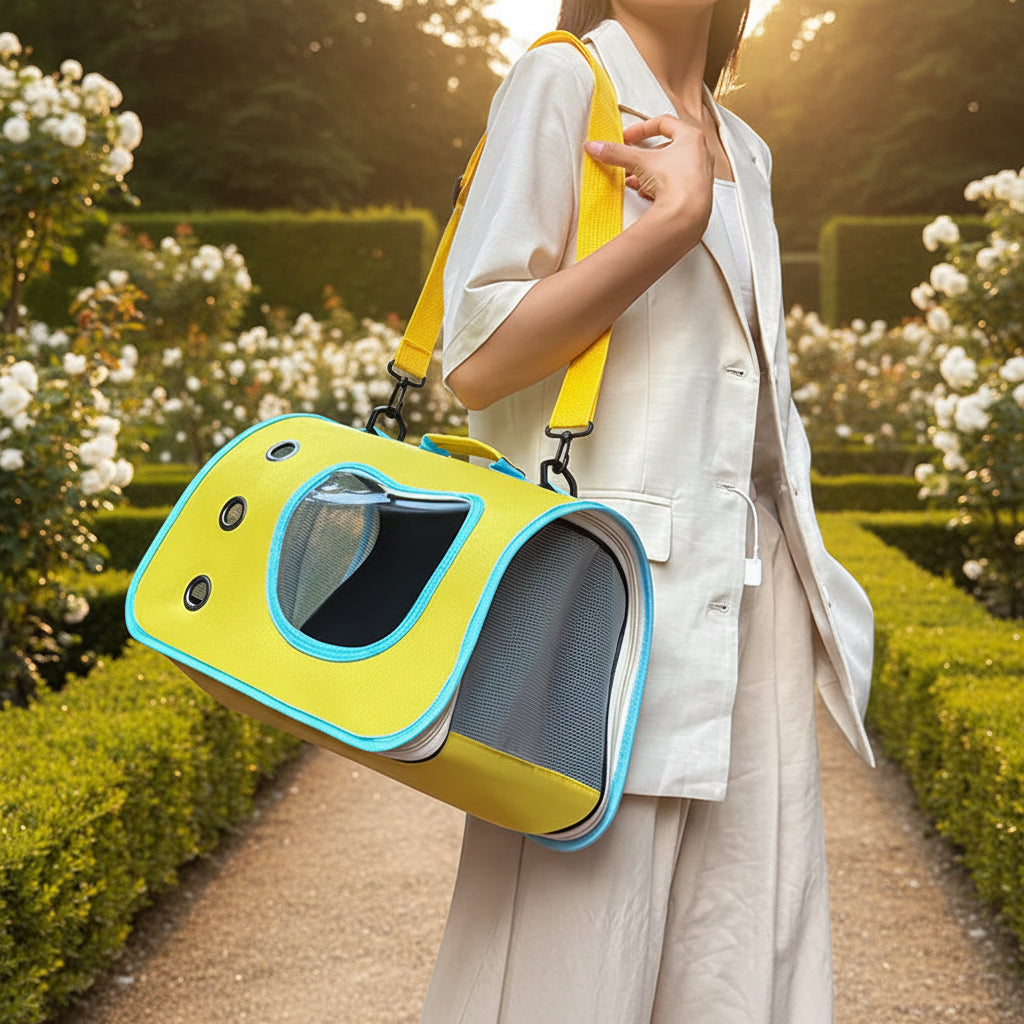 Person holding a yellow pet carrier outdoors with greenery in the background