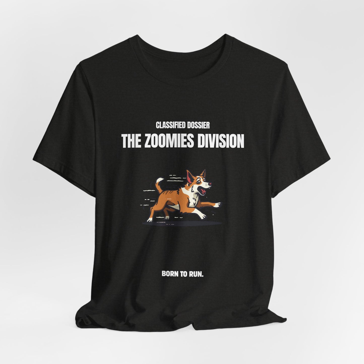 Zoomies Division dog tee shown from behind