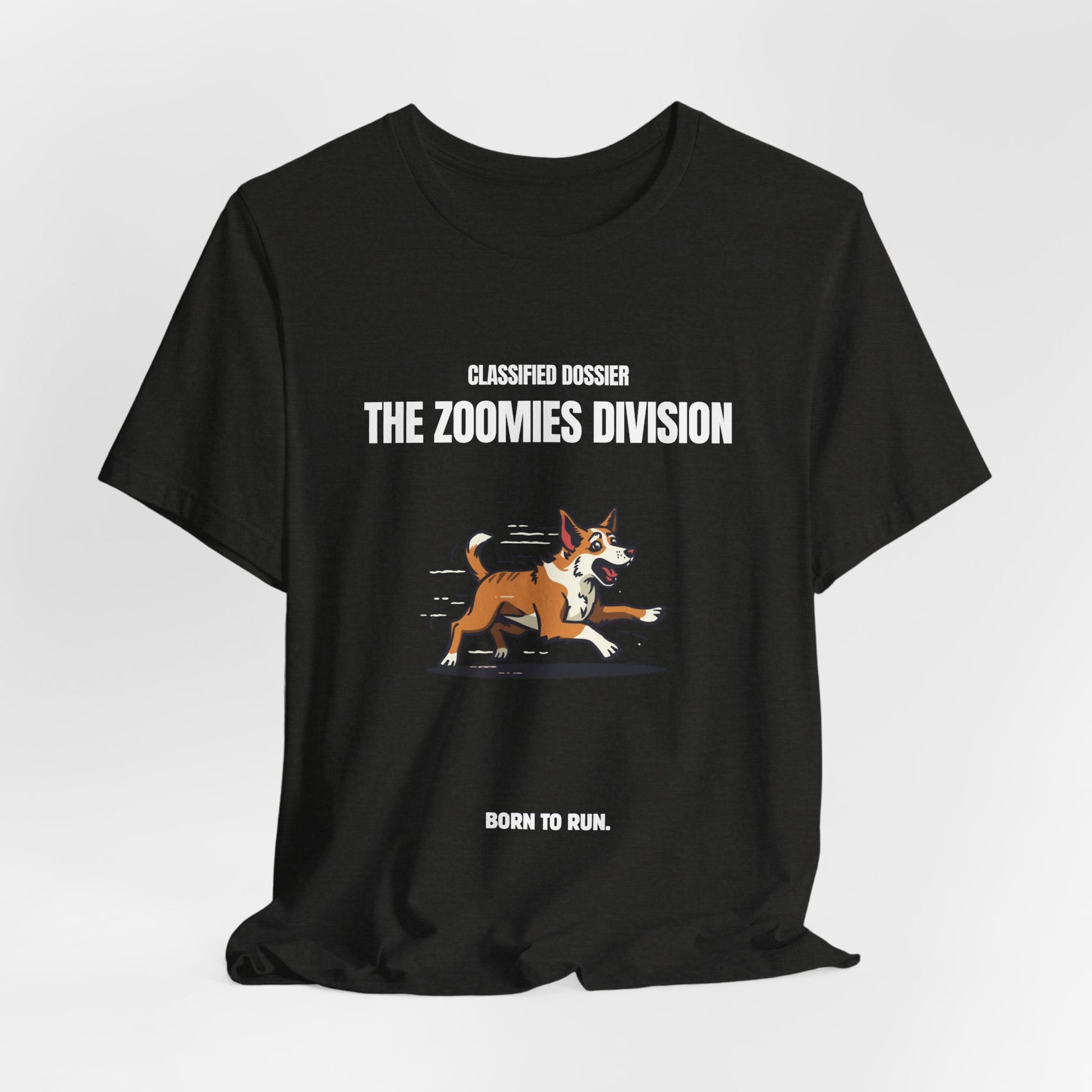 Zoomies Division dog tee shown from behind