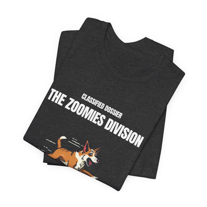Lifestyle photo of the Zoomies Division dog tee