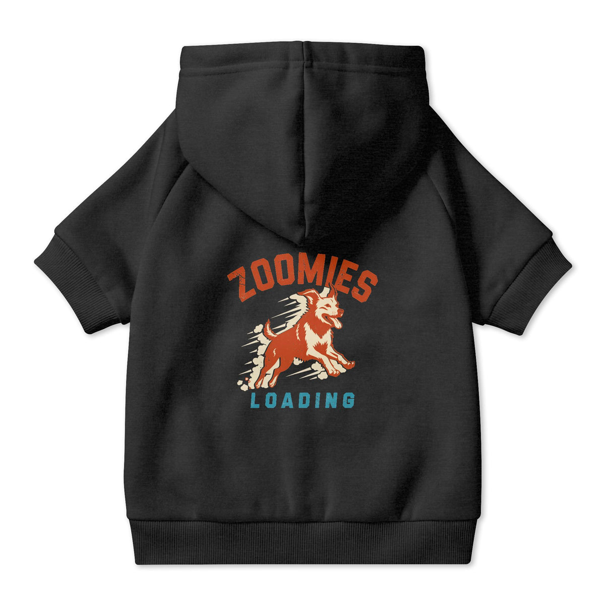 Zoomies Loading Dog Hoodie in Black, back view — SniffWaggleNWalk™