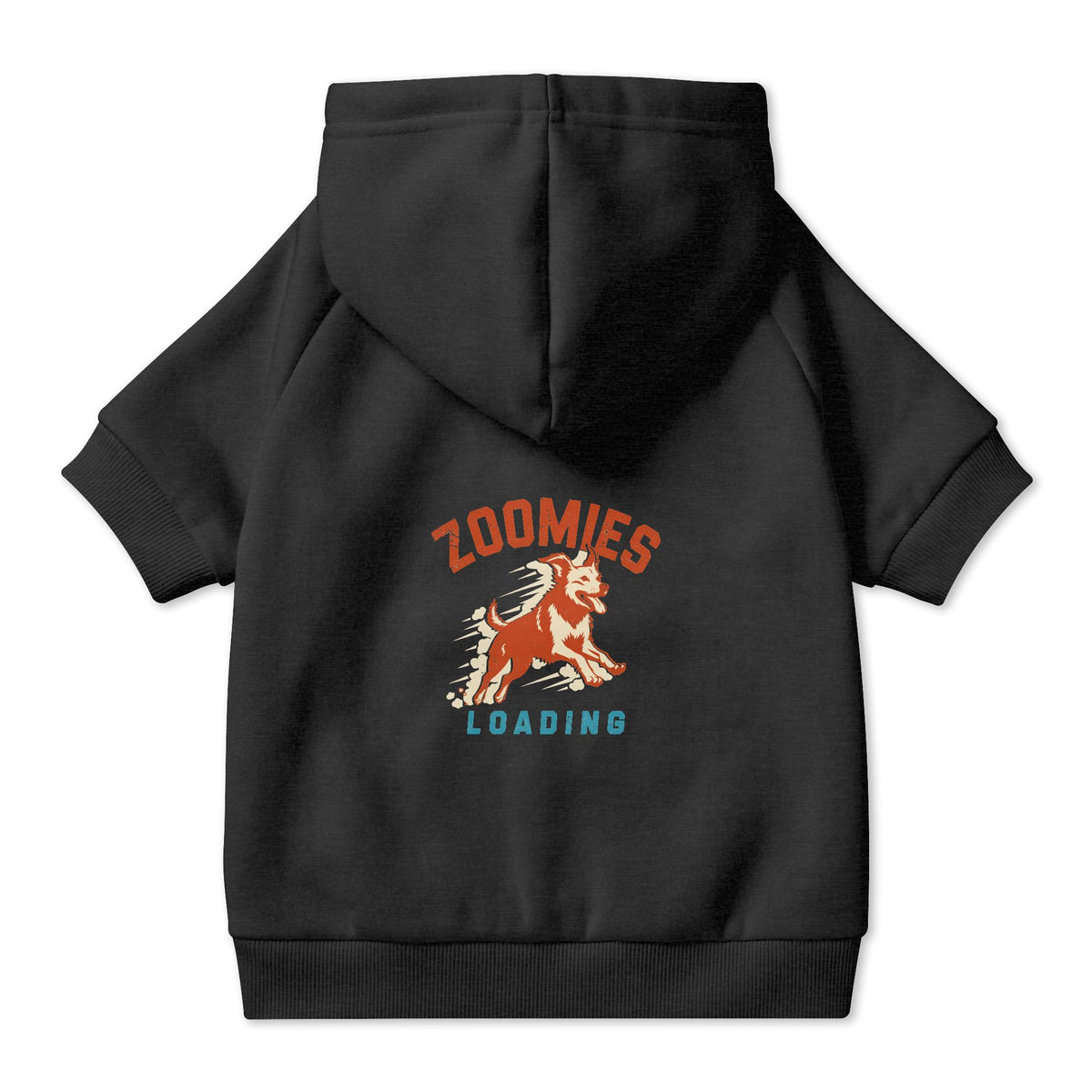 Zoomies Loading Dog Hoodie in Black, back view — SniffWaggleNWalk™