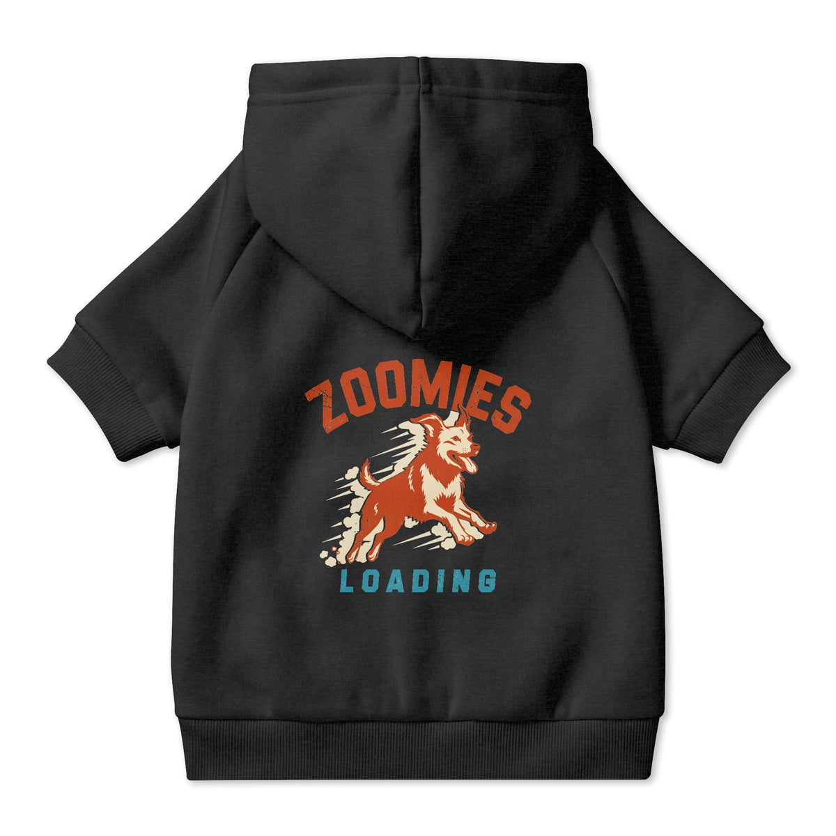 Zoomies Loading Dog Hoodie in Black, back view — SniffWaggleNWalk™