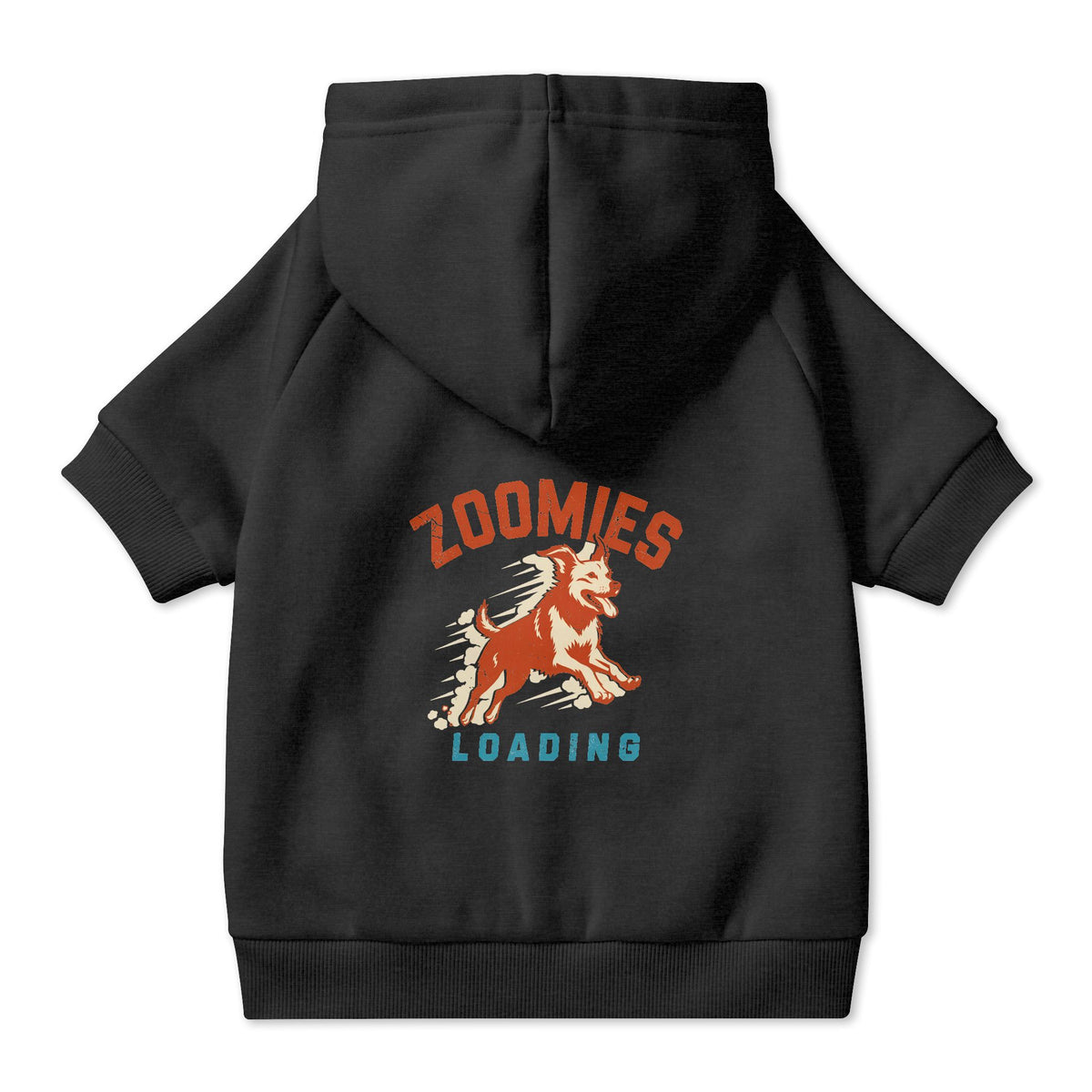 Zoomies Loading Dog Hoodie in Black, back view — SniffWaggleNWalk™