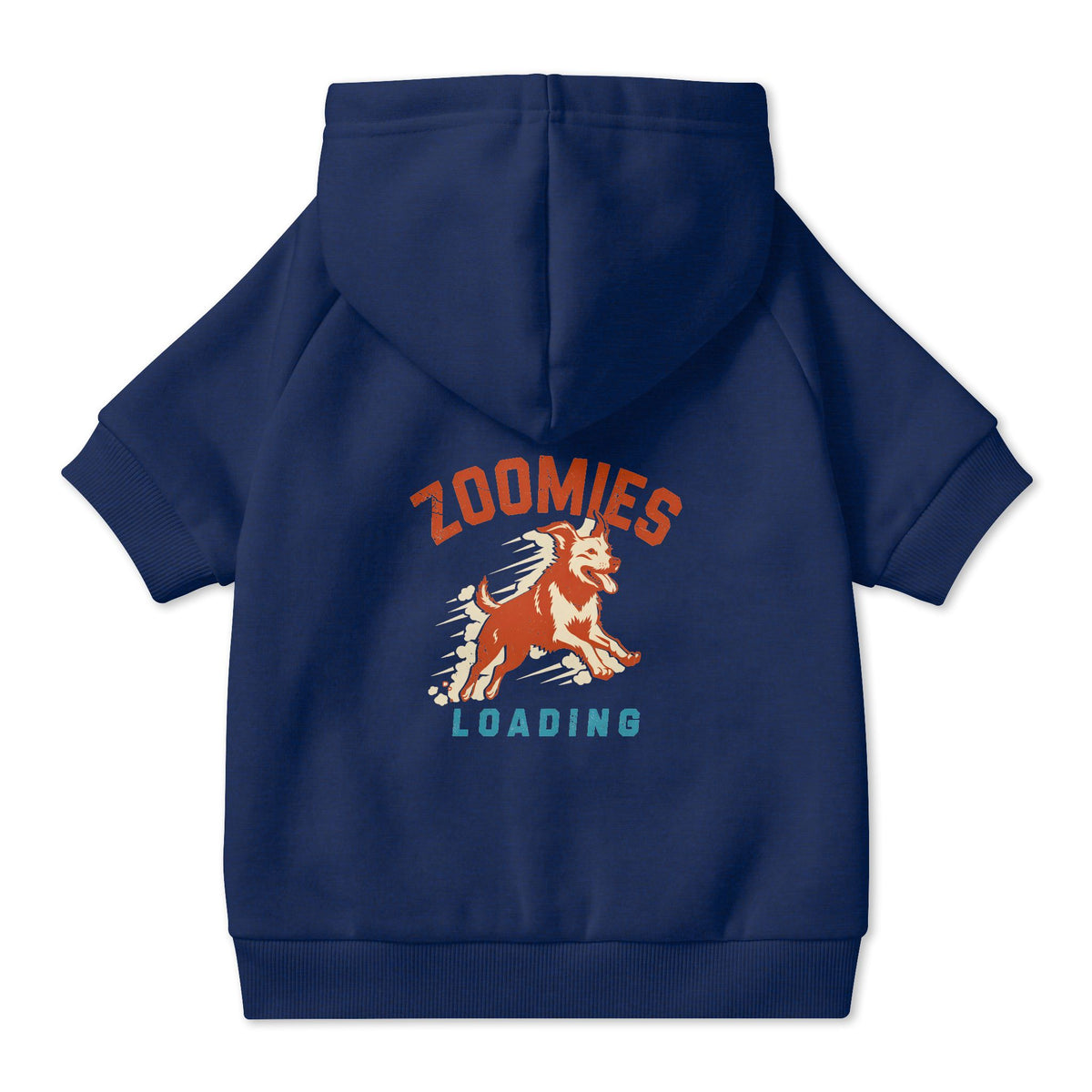Zoomies Loading Dog Hoodie in Navy, back view — SniffWaggleNWalk™