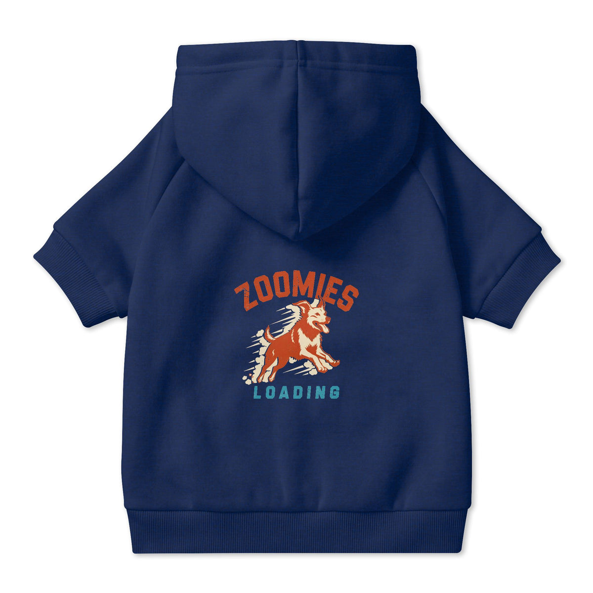 Zoomies Loading Dog Hoodie in Navy, back view — SniffWaggleNWalk™