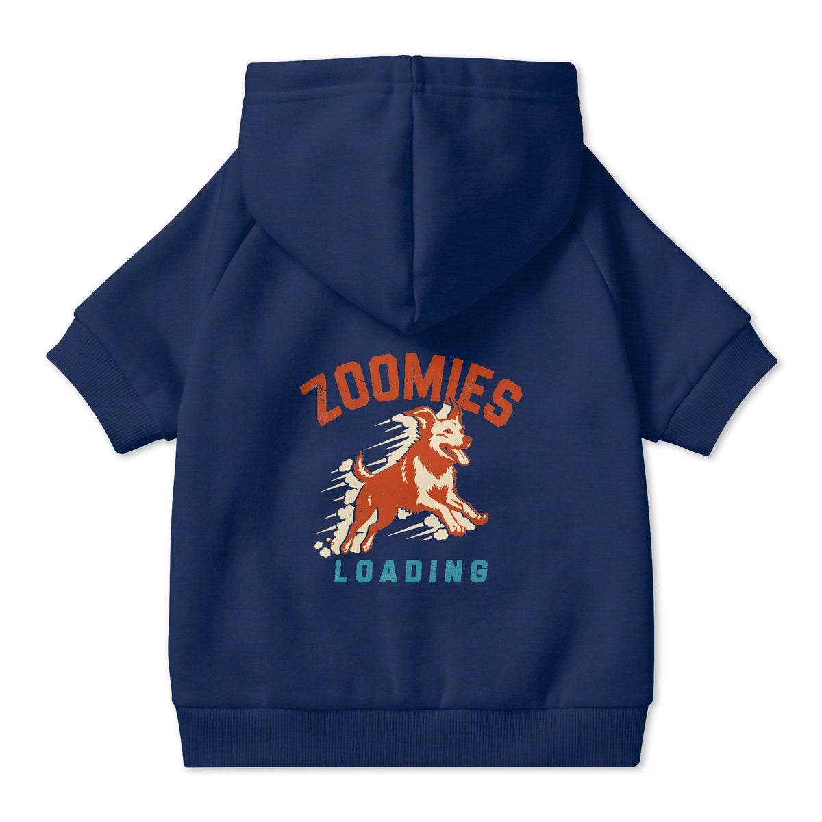 Zoomies Loading Dog Hoodie in Navy, back view — SniffWaggleNWalk™