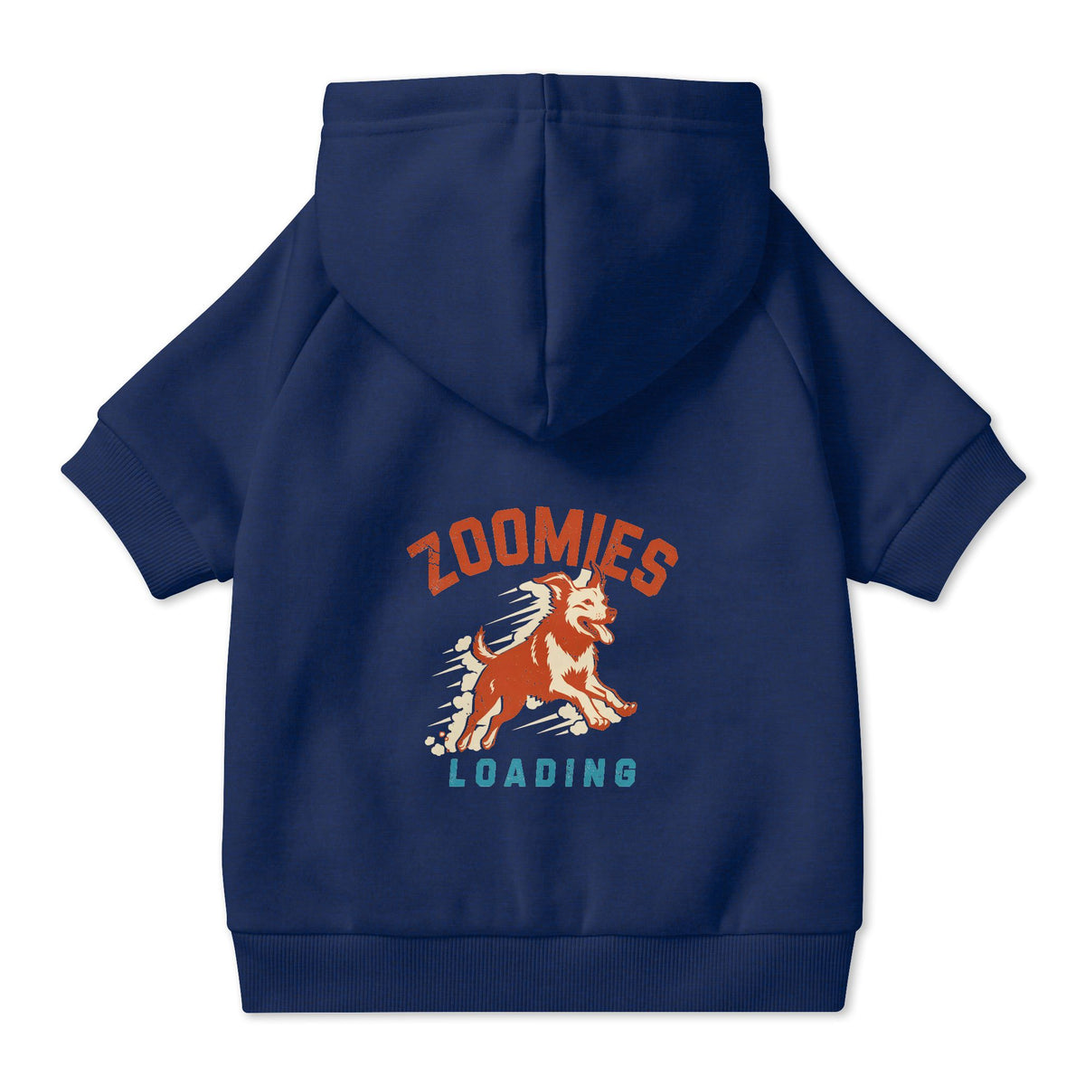 Zoomies Loading Dog Hoodie in Navy, back view — SniffWaggleNWalk™