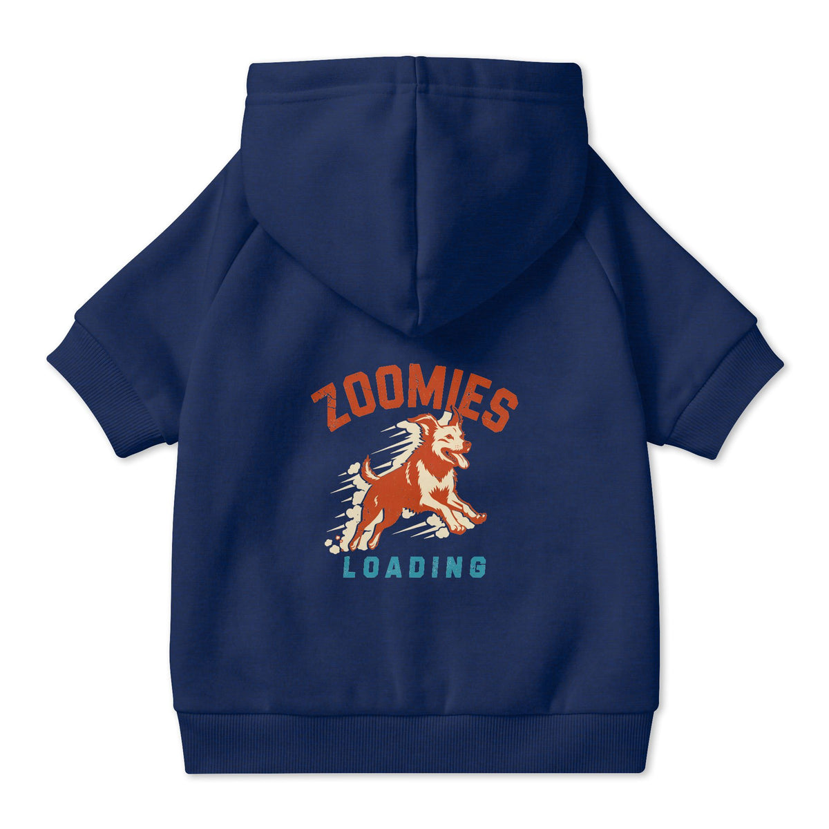Zoomies Loading Dog Hoodie in Navy, back view — SniffWaggleNWalk™