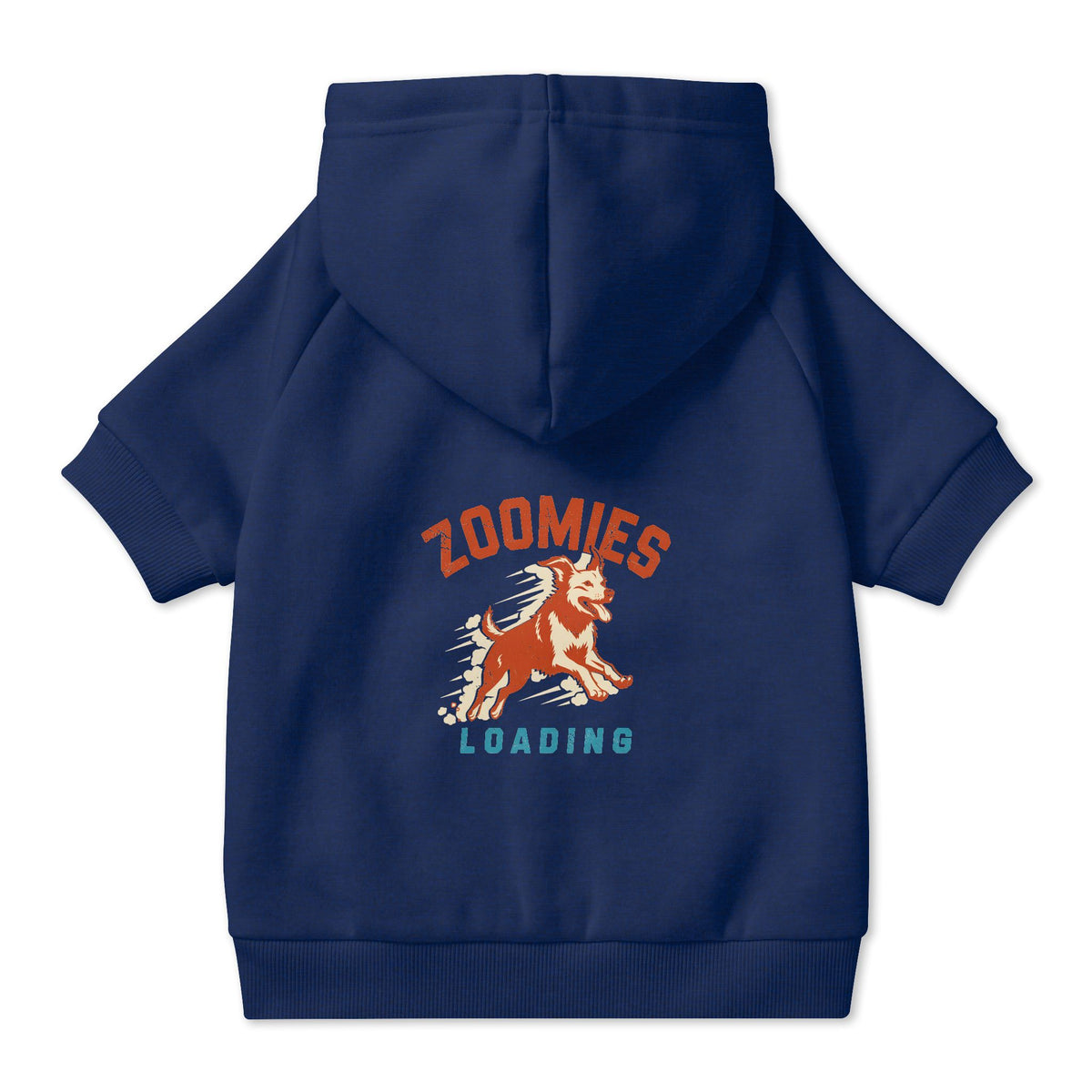 Zoomies Loading Dog Hoodie in Navy, back view — SniffWaggleNWalk™